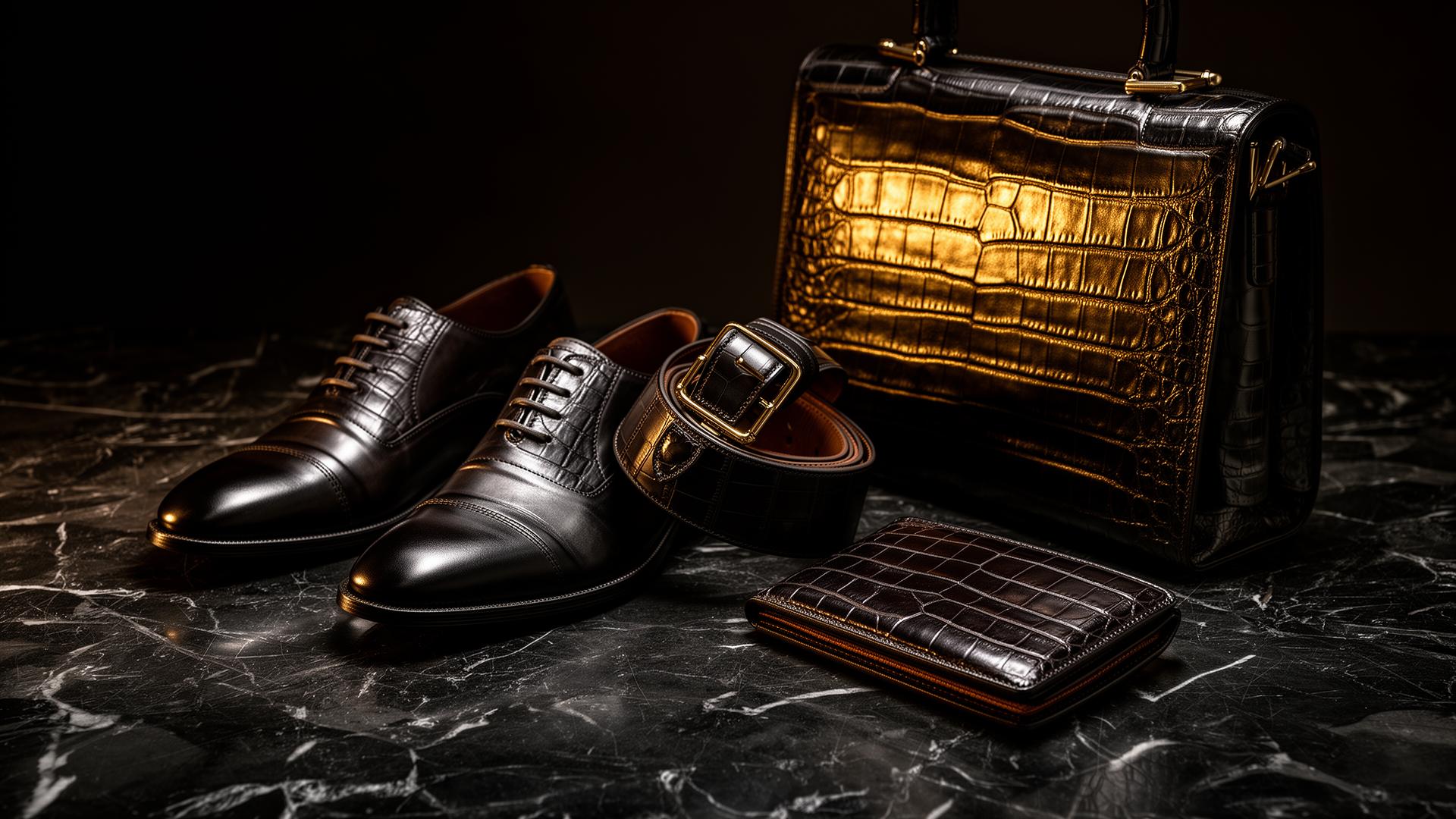 Crocodile leather shoes, belt, handbag and wallet on black marble